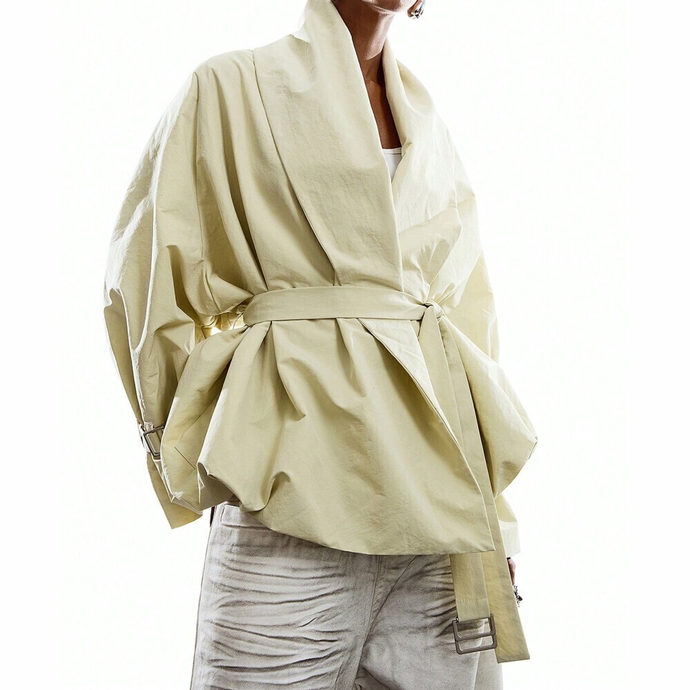 Pale Pastel Green Shawl Collar Belted Oversized Trench Jacket